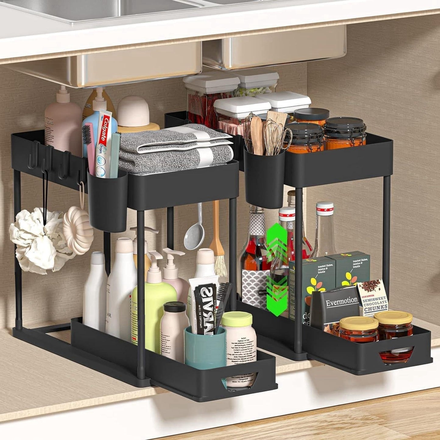 2 tier sliding cabinet basket organizer drawer for under sink storage in bathroom and kitchen