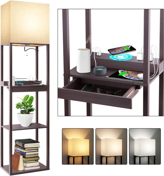 Modern floor lamp with shelves, wireless charger, drawer, USB ports, power outlets, and 15W LED bulb with 3 color temperatures for living room and bedroom