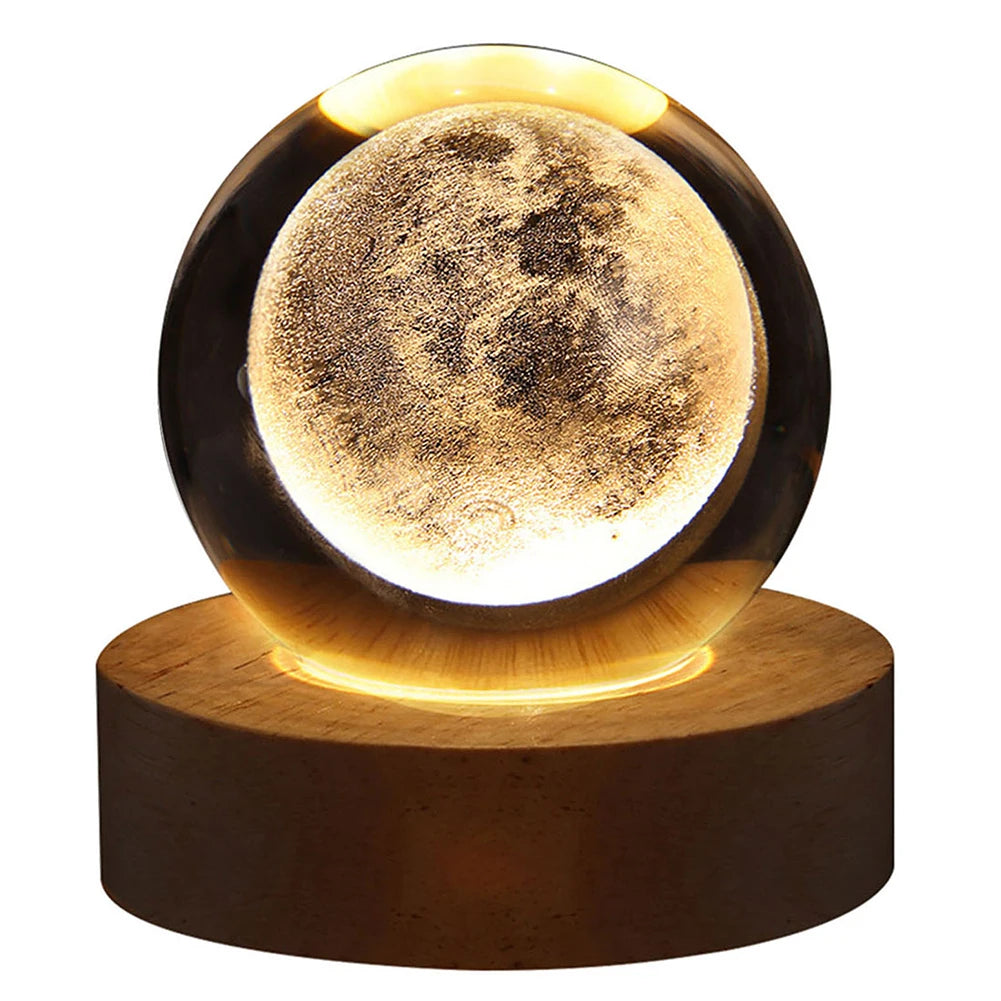 3D crystal ball night light moon lamp with wooden base USB powered ambient glow