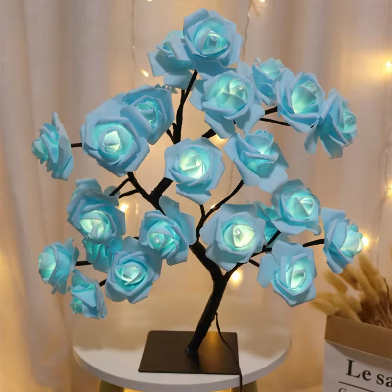 LED Table Lamp shaped like a tree with glowing blue rose flowers on USB powered base