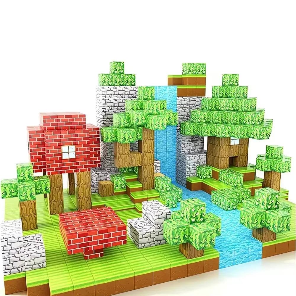 magnetic building blocks set creating a colorful landscape with trees, water, and block structures for kids ages 3 and up