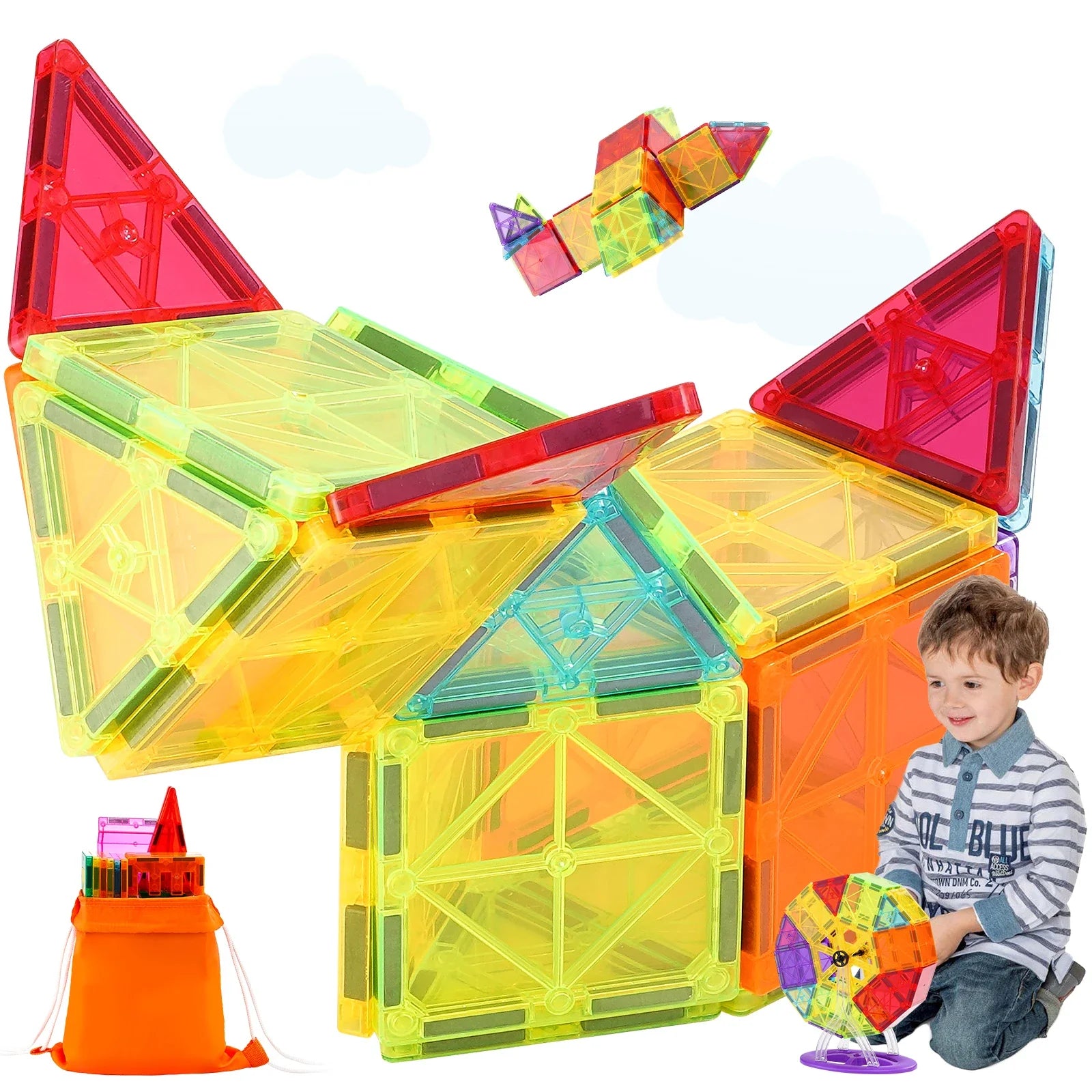 Colorful 180-piece magnetic building blocks set with boy playing and creative structures