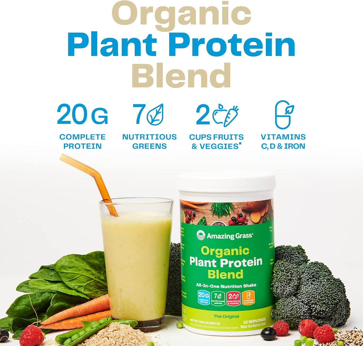 Organic Plant Protein Blend: Vegan Protein Powder, New Protein Superfood Formula, All-In-One Nutrition Shake with Beet Root, Pure Vanilla, 11 Servings