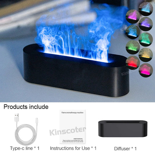 Black rectangular essential oil aroma diffuser emitting cool mist with colorful RGB flame night light effects and included Type-C cable and user manual.